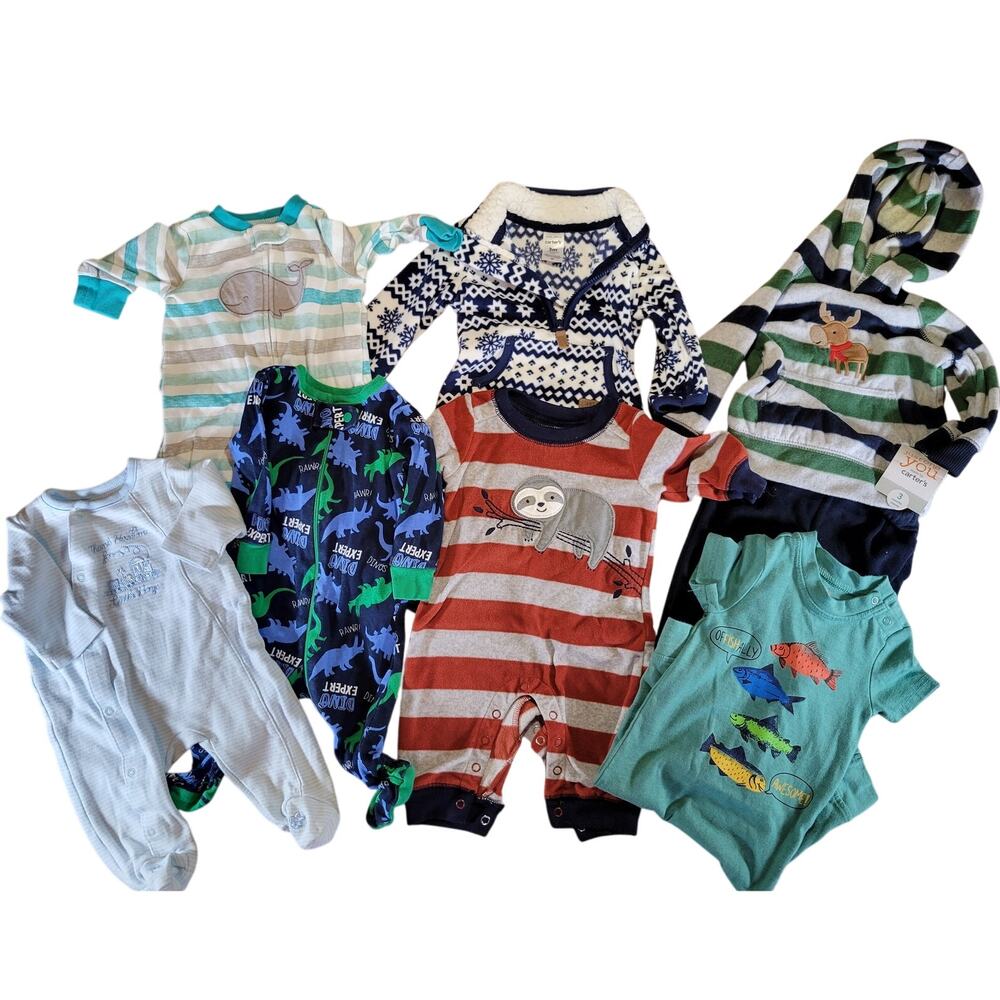 Baby Boy Bodysuits & Rompers Lot  3-6 Months - Dino, Whale, Sloth, Fish